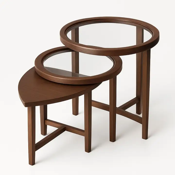 Set of Nested Wooden and Glass Side Tables – بني غامق / زجاج عادي