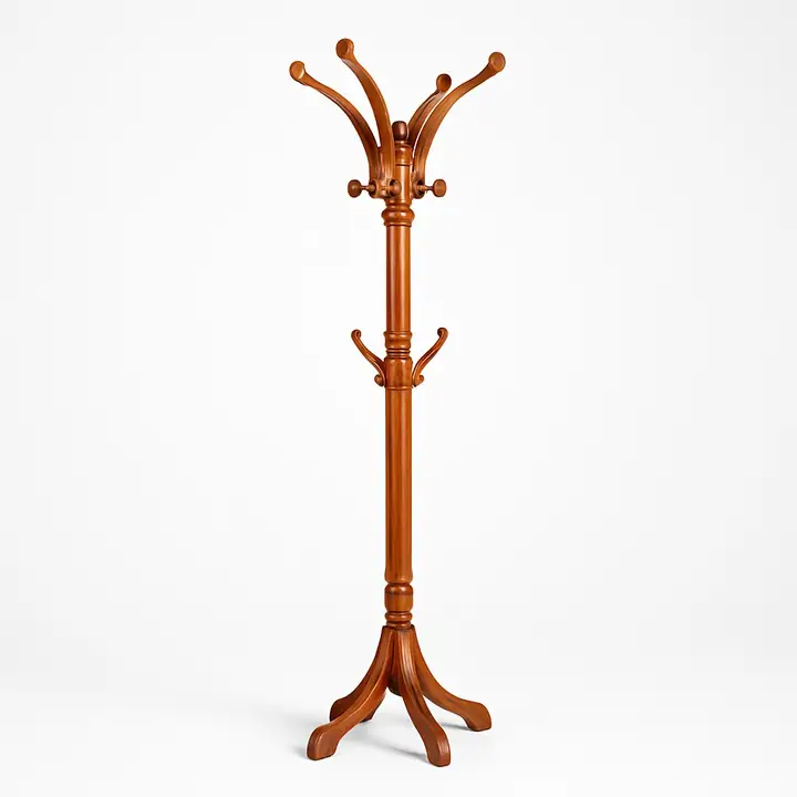Brown Wooden Coat Rack with Four-Leg Base