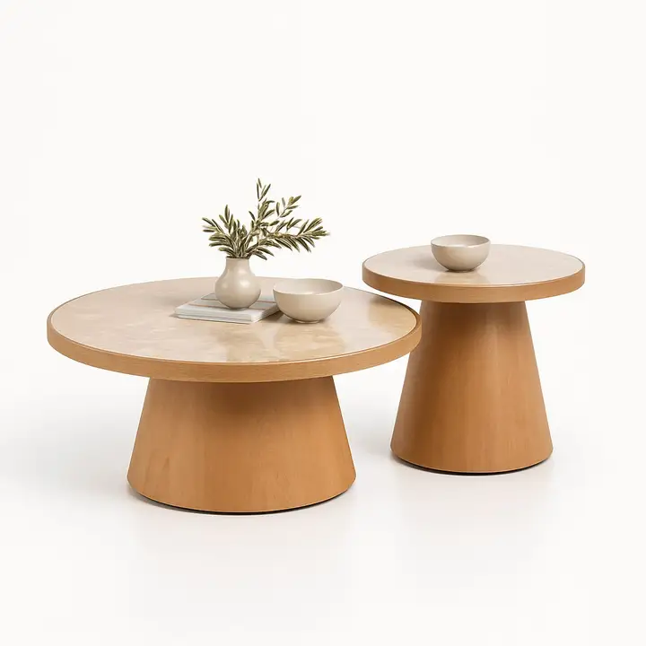 Set of Two Round Wooden Middle Tables – بني فاتح / رخام